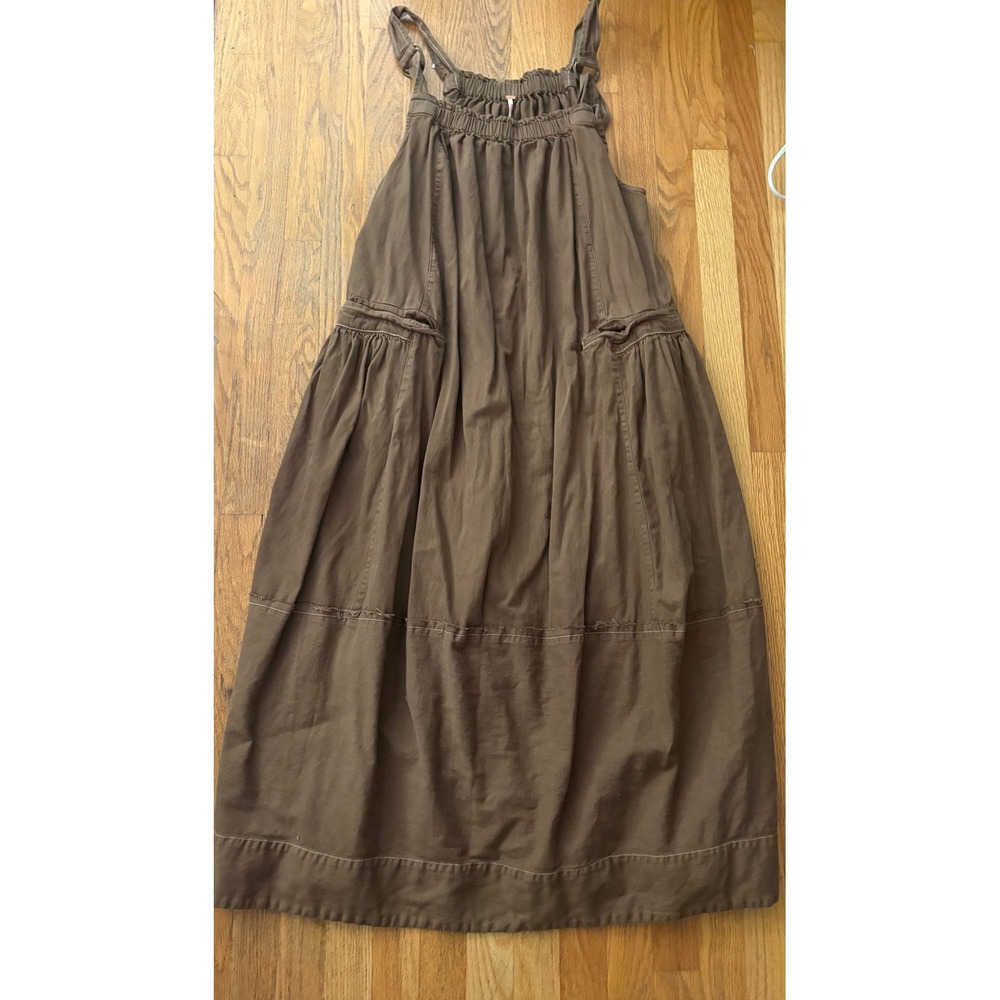 Free People We The Free Wildflower Midi Dress Brown Pinafore Pockets Medium - Picture 3 of 6